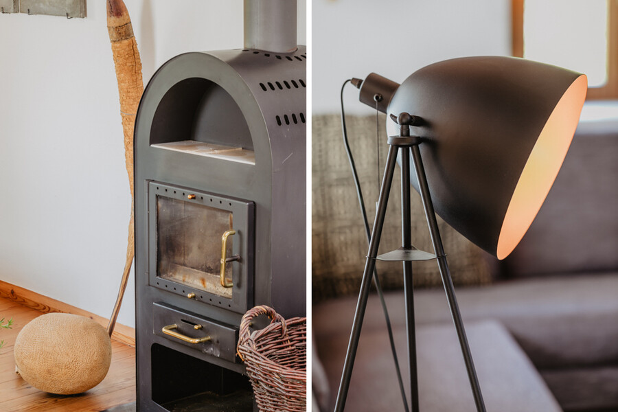 Ofen und moderne Lampe im Ferienhaus Casa Sorbolongo in den Marken