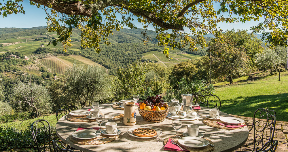 Tisch mit Blick auf die Weinberge des Chianti im Ferienhaus Camporempoli