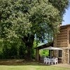 Heuschober mit grossem Baum uns Gartentisch im Ferienhaus Casa Tonio