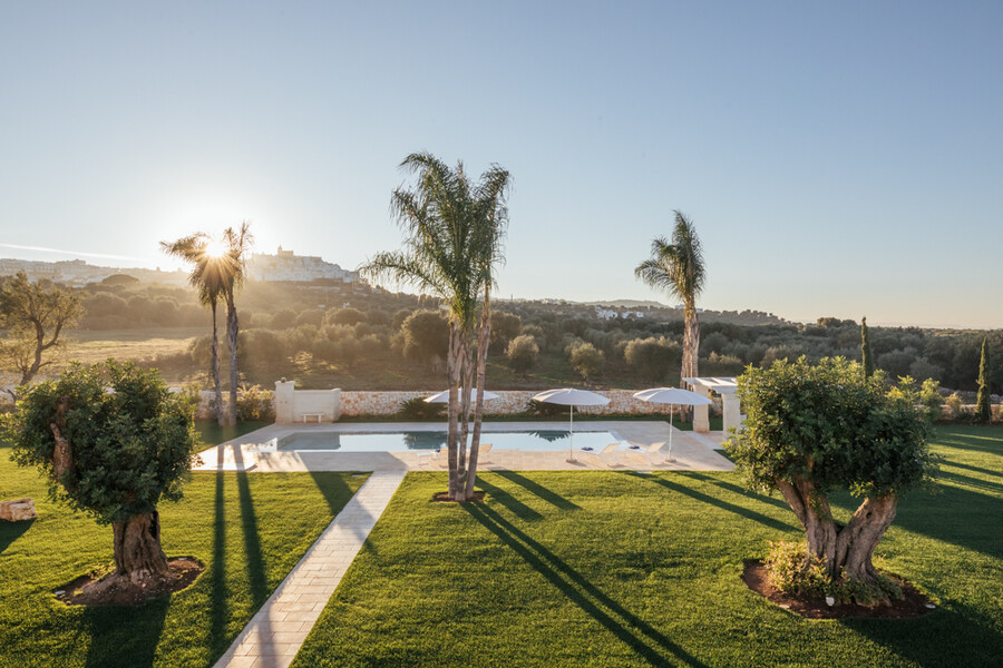 Poolbereich mit Palmen im Ferienhaus in Apulien mit Blick auf Ostuni